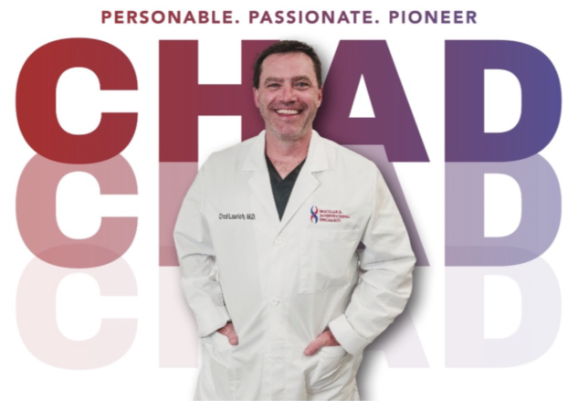 Dr. Chad Laurich Smiling on white background with CHAD text